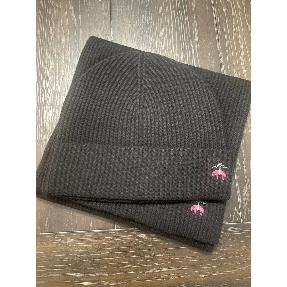 BROOKS BROTHERS Merino Wool Cashmere Black Ribbed Beanie Hat and Scarf Set NEW